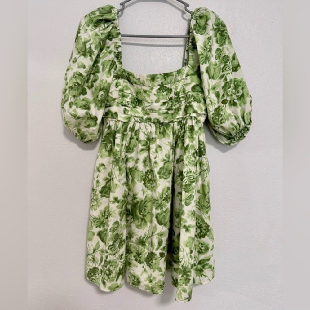 Abercrombie Fitch Smocked Puff Sleeve Floral Mini Dress Green White SP